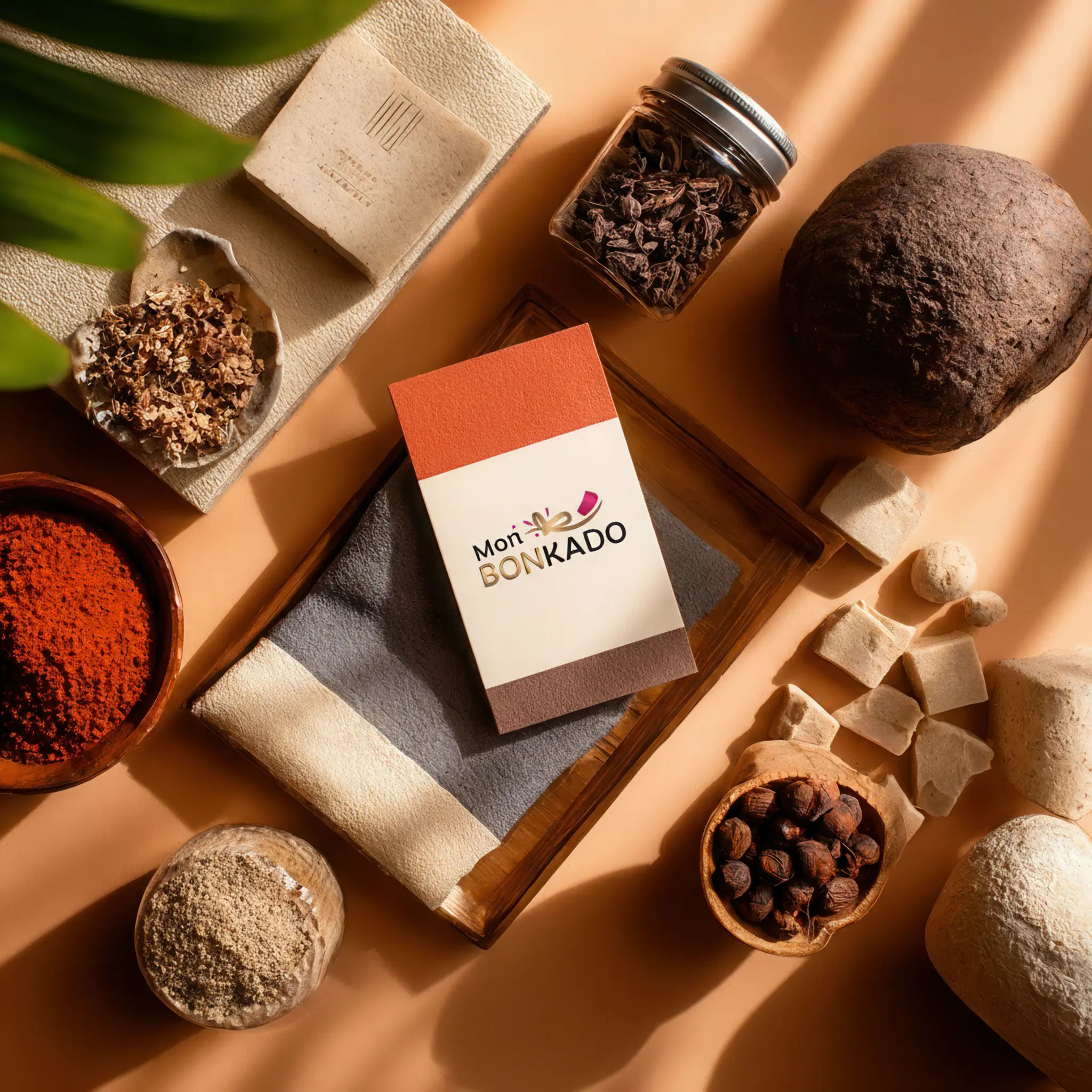 MonBonKado gift card displayed with Caribbean artisanal products, spices, and natural textures in warm sunlight.